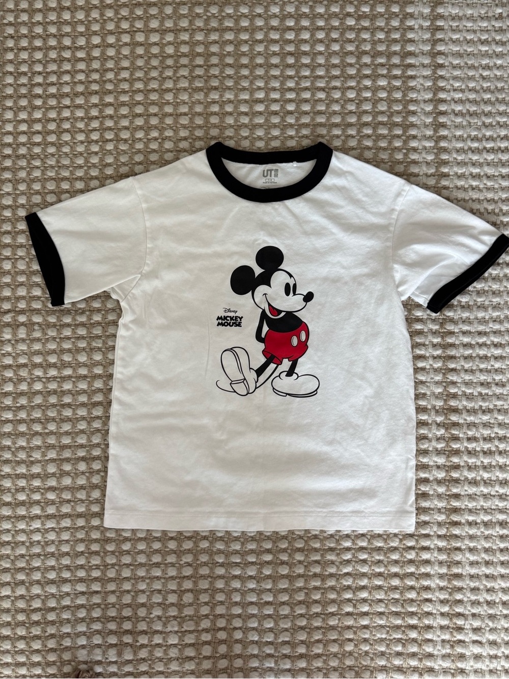 Uniqlo White Ringer Tee with Black Trim and Red Mickey Graphic